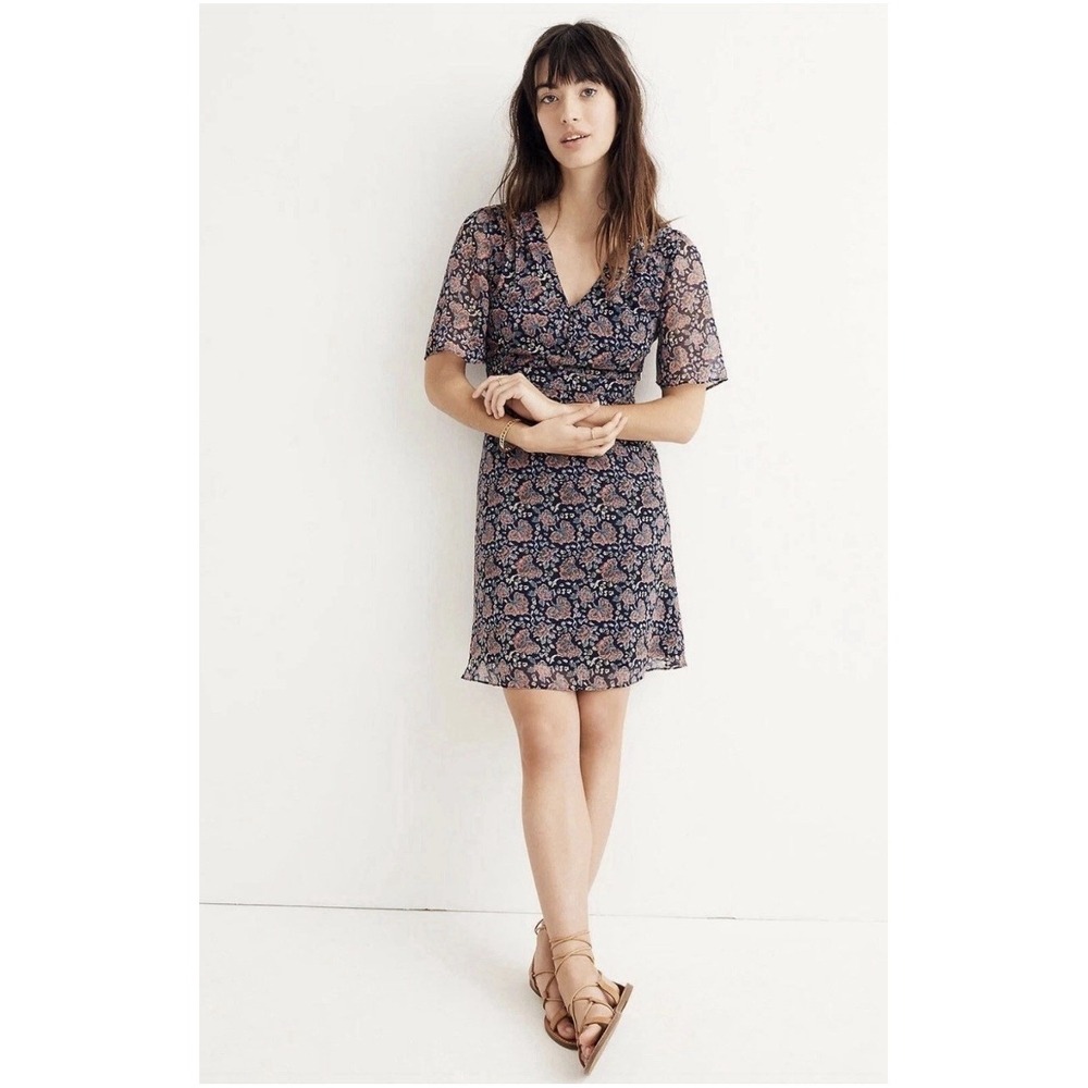 NEW! Madewell Orchard Flutter Sleeve Dress Fan Floral Mix Navy Blue SZ 4